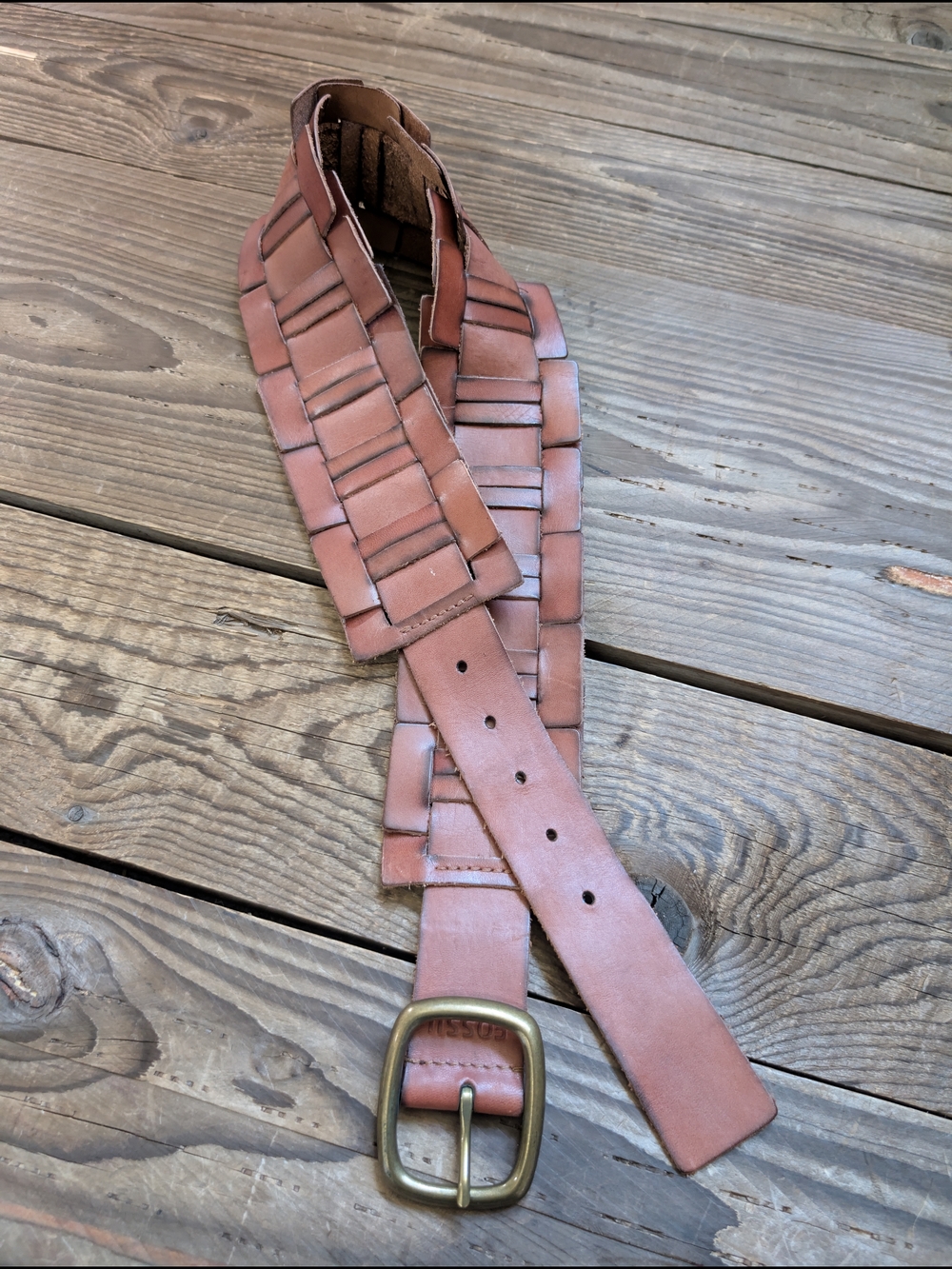 Fossil Brown Woven Leather Belt with Brass Buckle 38"